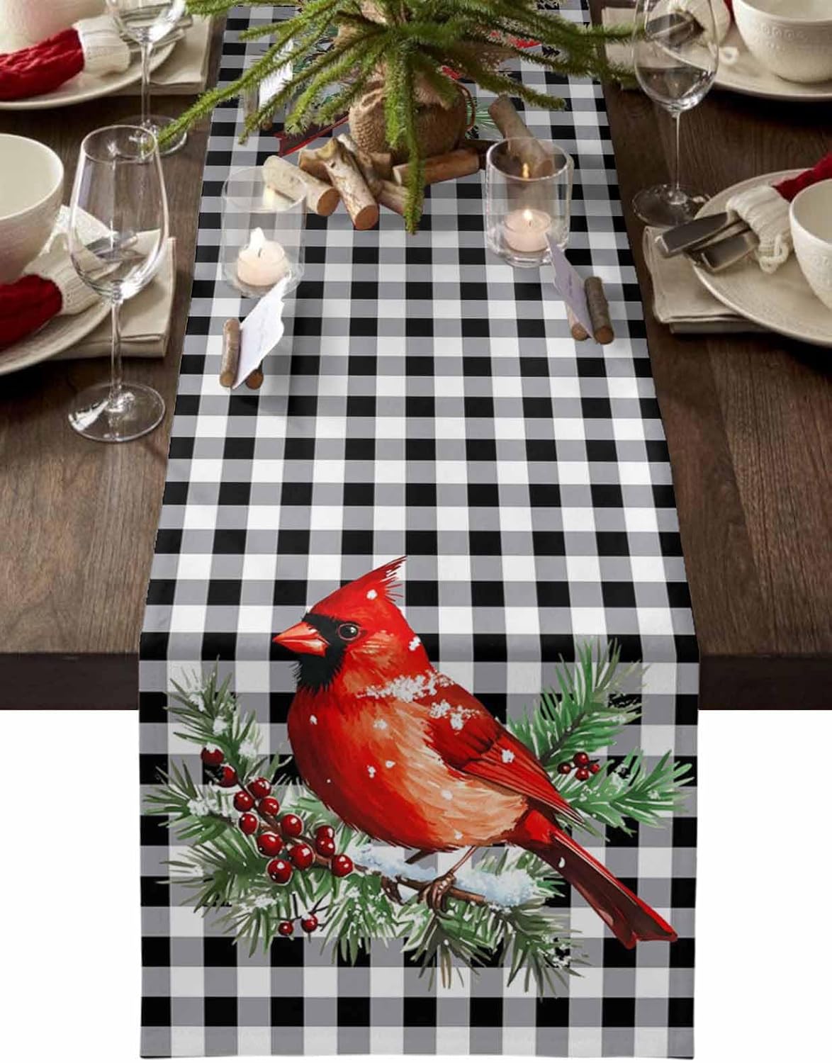Christmas Table Runners Red Cardinals Table Runner Dresser Scarves Non-Slip Table Cloth Decorations for Holiday Dinner Parties White Black Buffalo Check Plaid Christmas Runner 13x120 inches