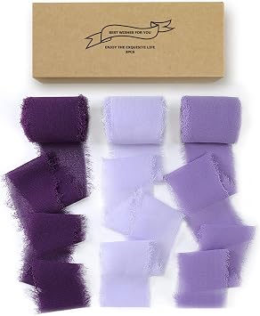 Chiffon Silk Ribbon Fringe 1-1/2 inch x 16.5 Yard Handmade Ribbons 3 Rolls for Gift Wrapping, Wedding Invitations, Bridal Bouquets, Crafts, Flower Bouquet Purple