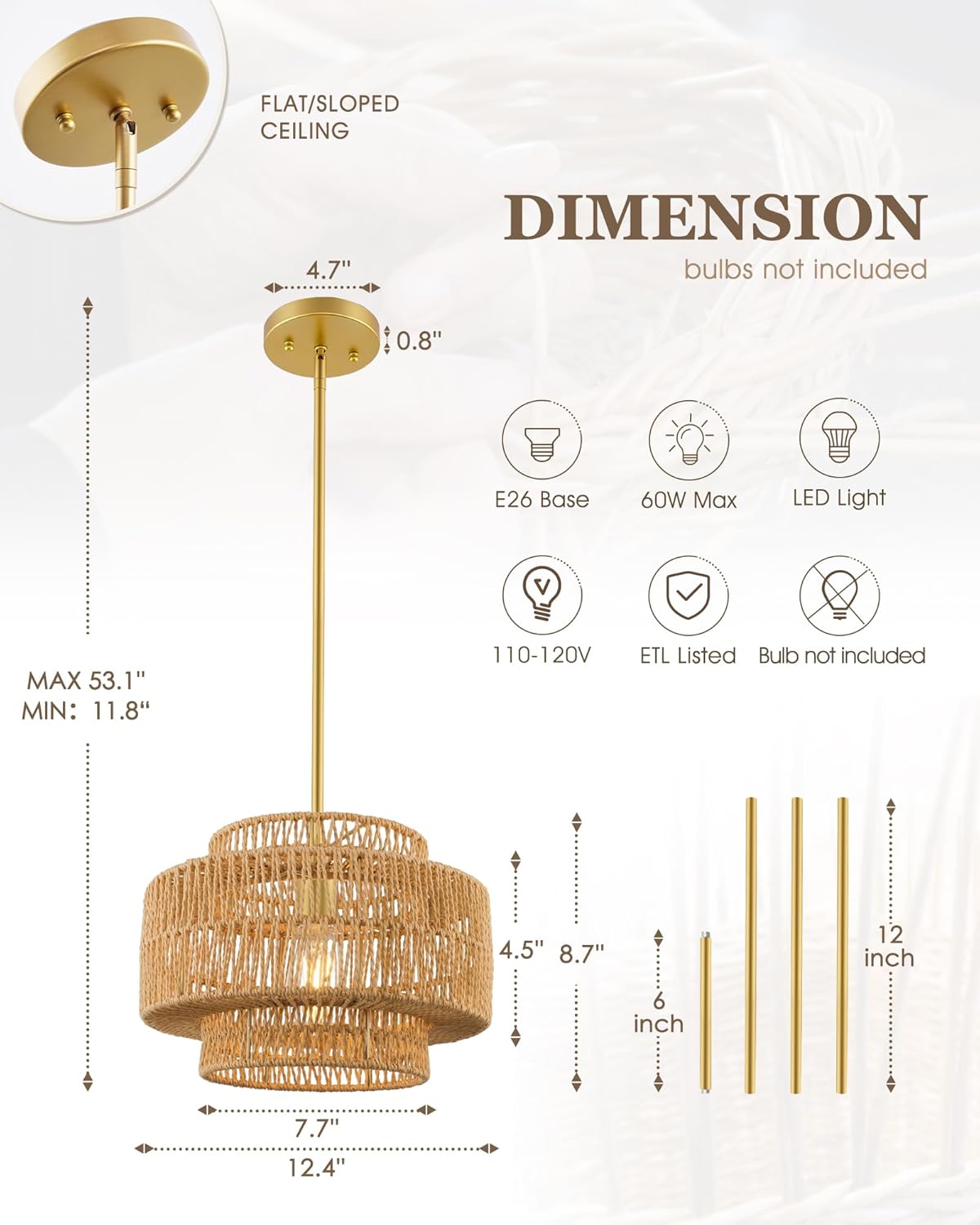12.5" Boho Rattan Chandelier, 1-Light 3-Tier Hand Woven Pendant Light Fixture with Gold Finish, Natural Brown Hanging Light for Entryway Bedroom Hallway, Adjustable Height, AD-25050-1P-GD