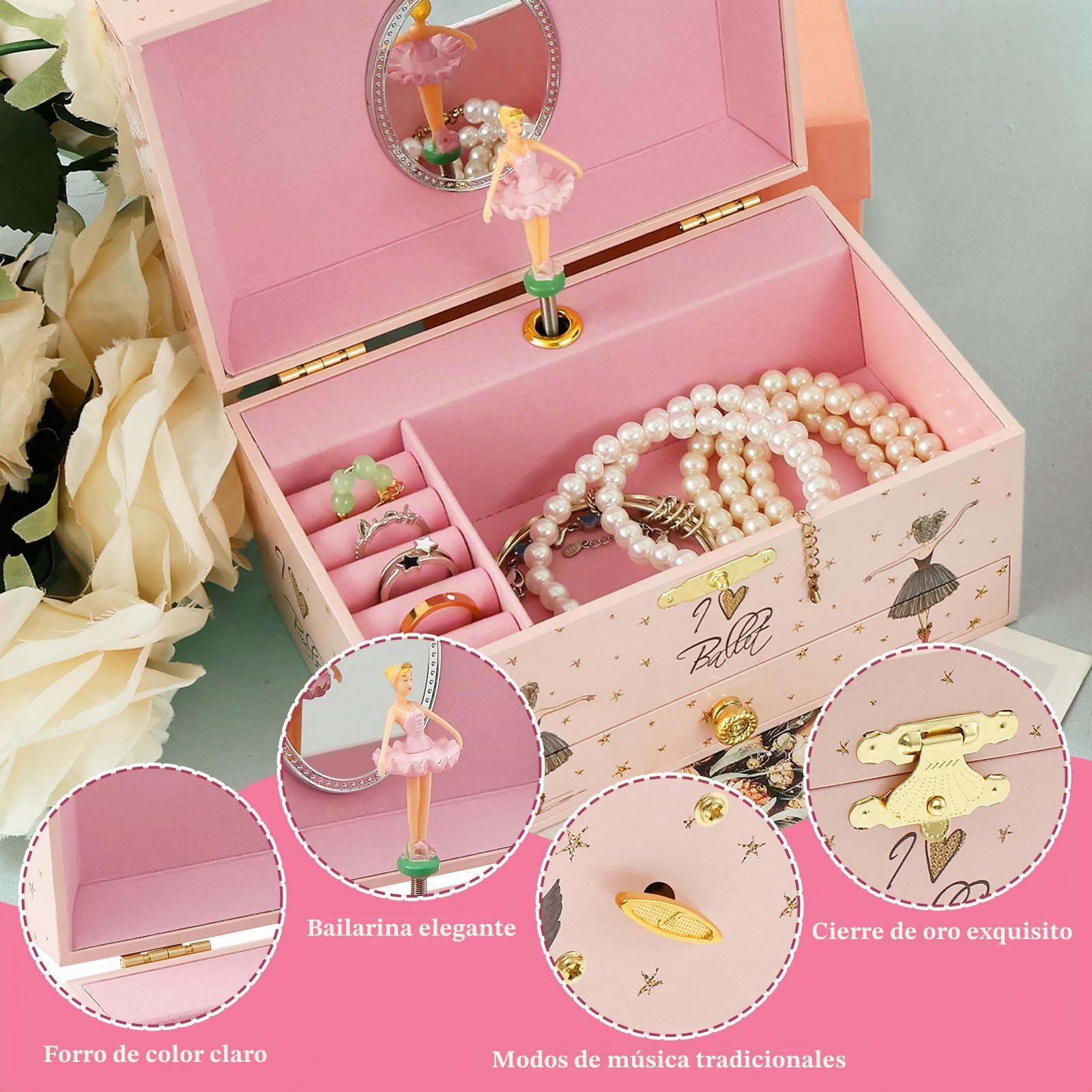 Joyero niña Joyero musical para niños, caja de música con unicornio giratorio, para niñas y niños, con espejo, regalo de cumpleaños (niña de ballet rosa y negro)
