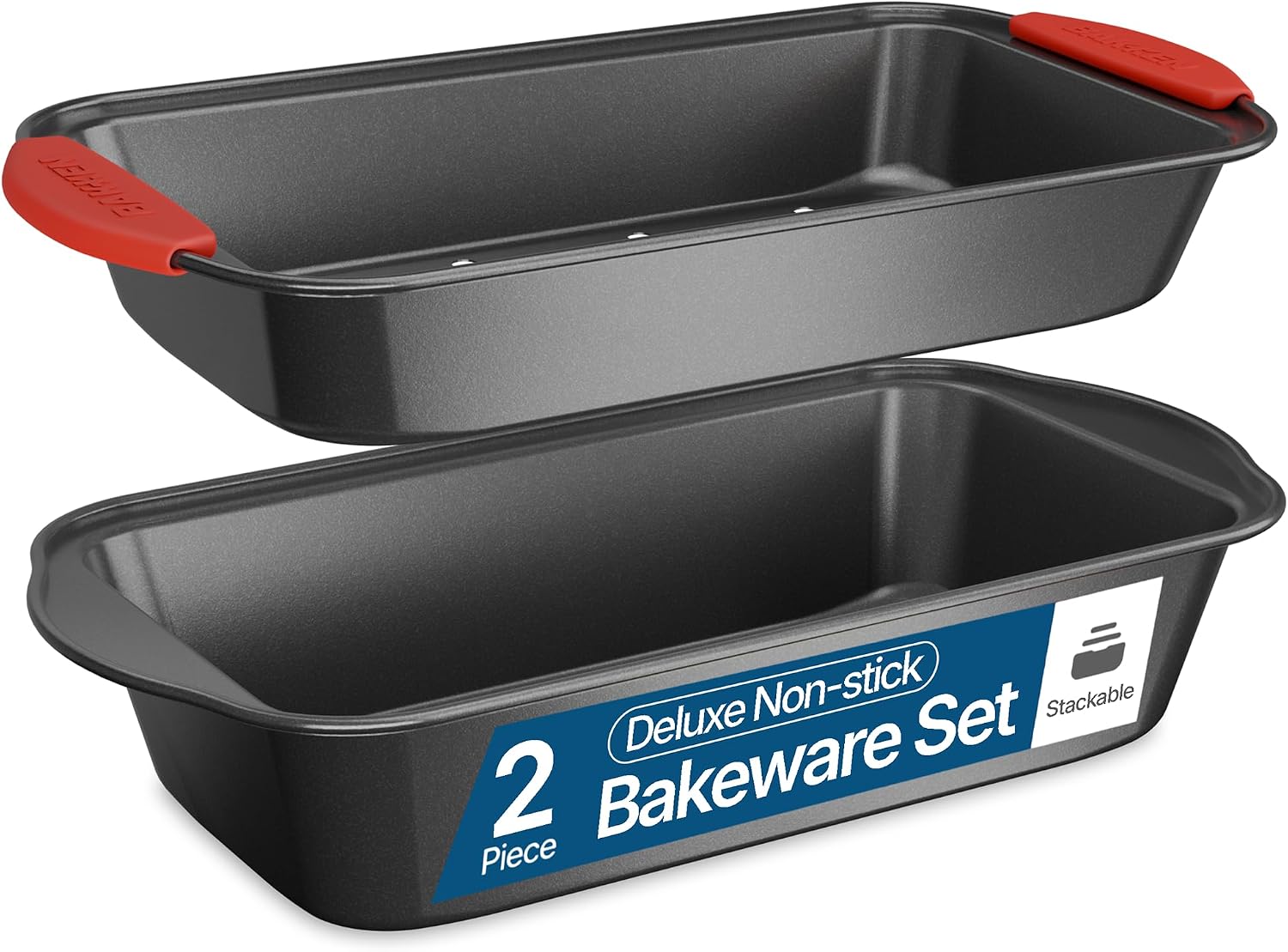 BAKKEN 2-Piece Meatloaf Pan Set - Nonstick Carbon Steel Loaf Pan for Baking Bread with Slotted Drip Tray Grease Drainer, Healthy Cooking Oven Baking Dish with Red Silicone Grip