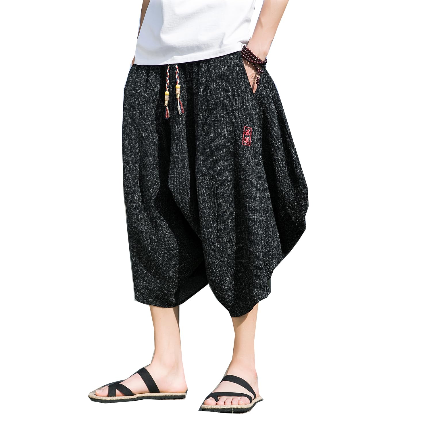 Seidarise Men's 68Black Japanese Kimono Traditonal Beach Pants Linen Capri Summer Harem Pants Wide Leg Cropped Pant, Medium