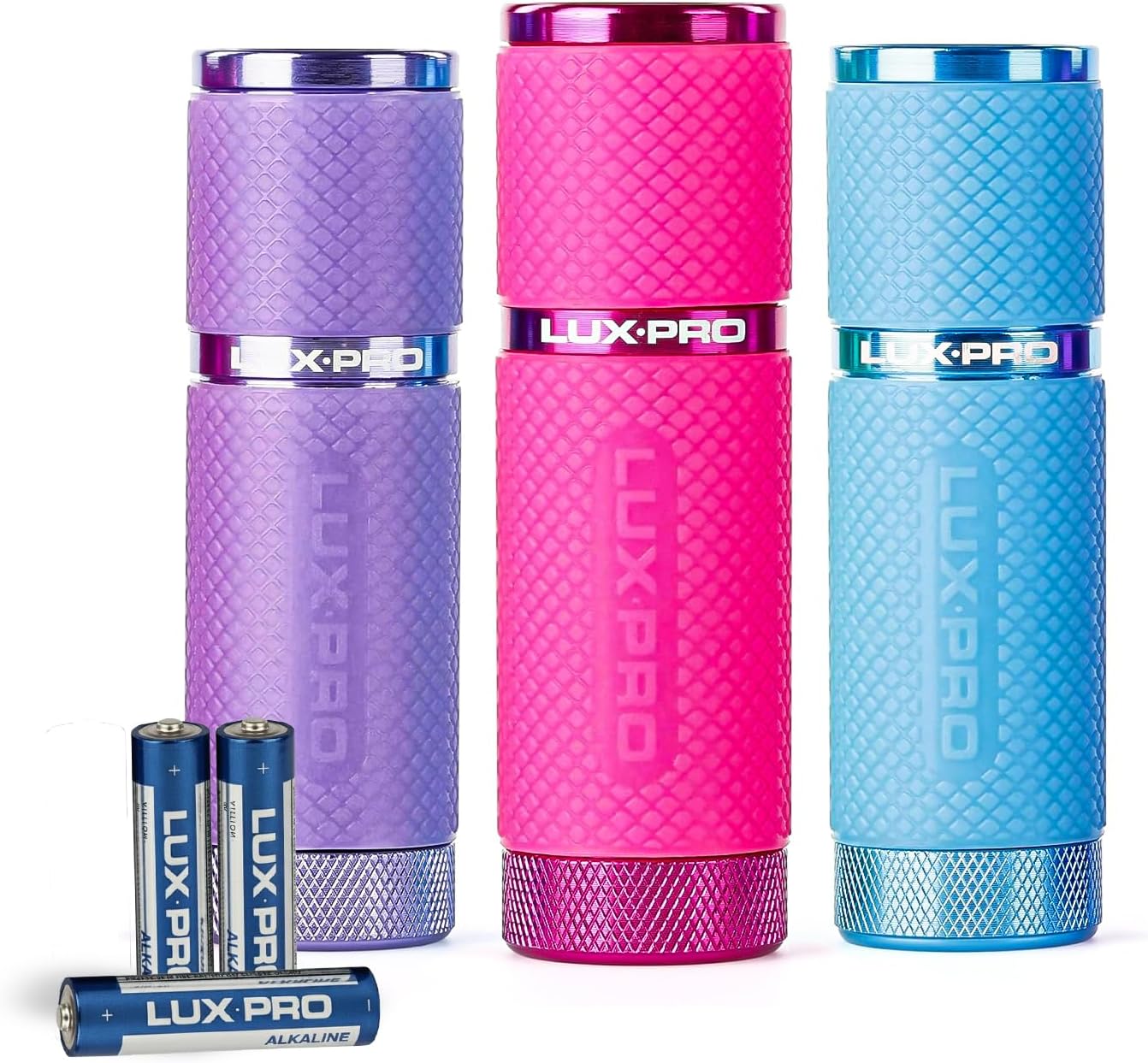 LUXPRO 3 Pack Mini Flashlights - LP395 Gel Glow in Dark - Aluminum LED Flashlights with Maximum Brightness of 40 Lumens - IPX4 Water Resistant - 3 AAA Batteries Included - Pink, Purple & Blue