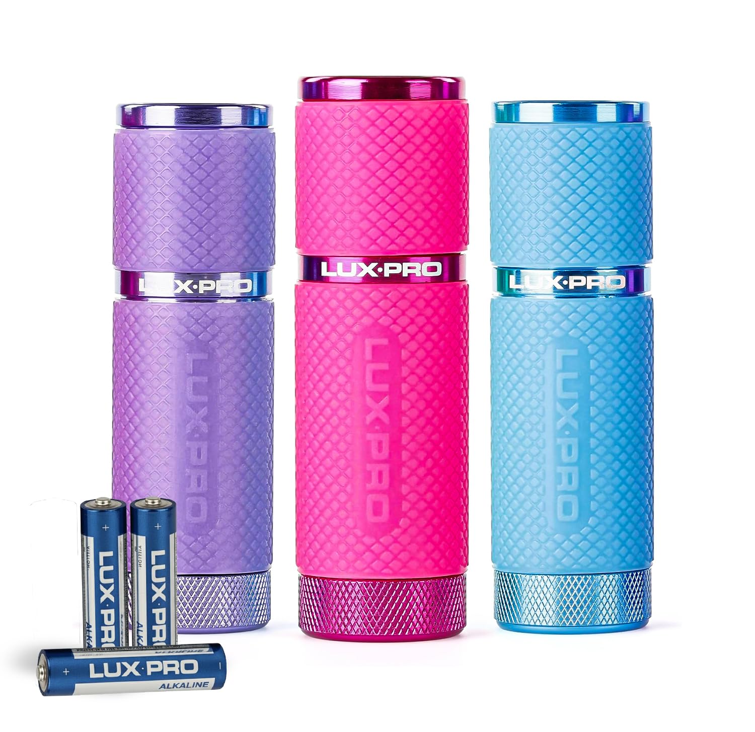 LUXPRO 3 Pack Mini Flashlights - LP395 Gel Glow in Dark - Aluminum LED Flashlights with Maximum Brightness of 40 Lumens - IPX4 Water Resistant - 3 AAA Batteries Included - Pink, Purple & Blue