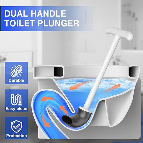 Upgraded Toilet Plunger with Holder, Wall Mounted Toilet Bowl Plunger with Hideaway Caddy, Dual Handle Plunger for Bathroom Built-in Drip Tray, White(White)