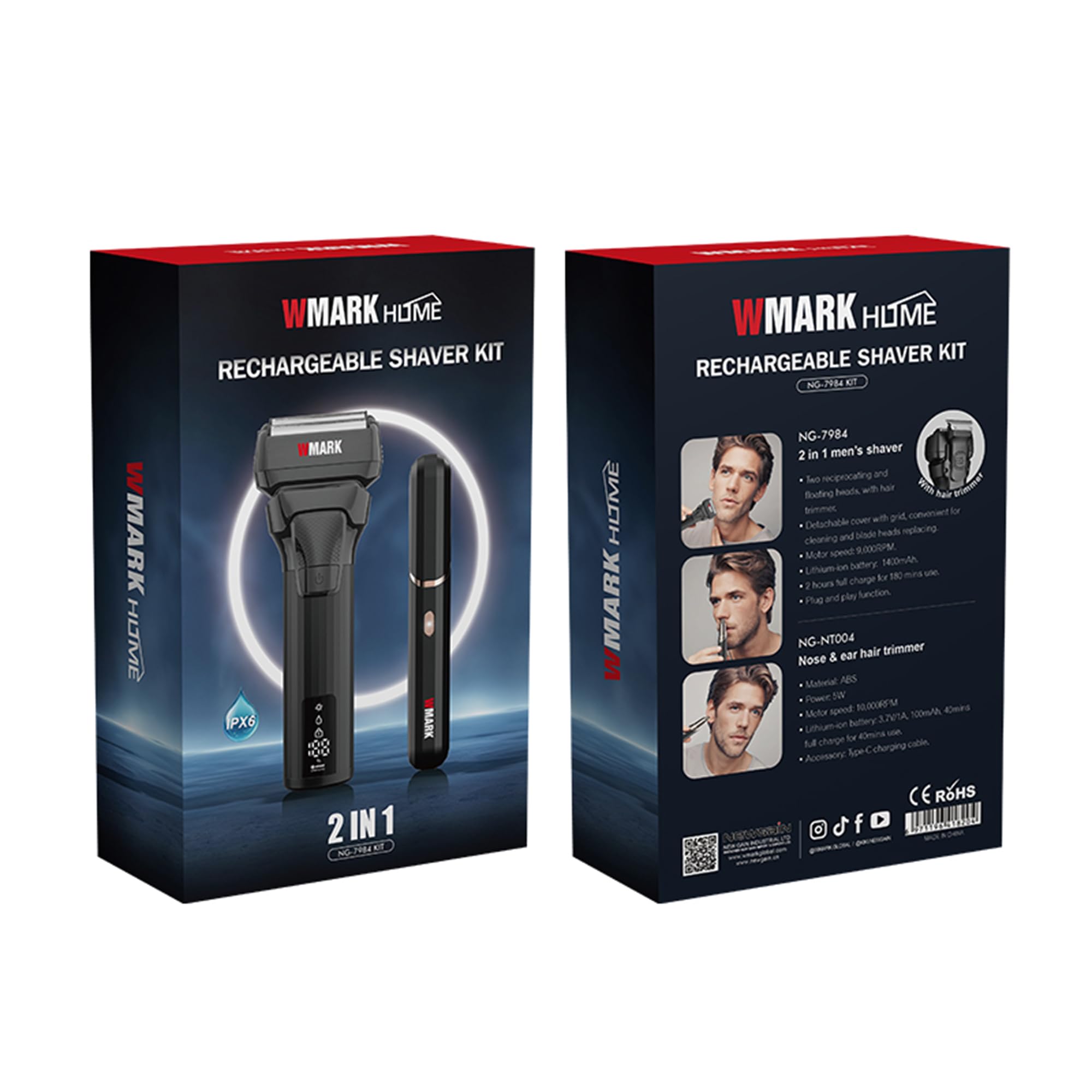 WMARK Kit de afeitado recargable de 2 piezas, afeitadora 2 en 1 para hombre (2 cabezales flotantes alternativos) y recortadora de nariz/orejas (10000 RPM), cubierta de rejilla desmontable fácil de