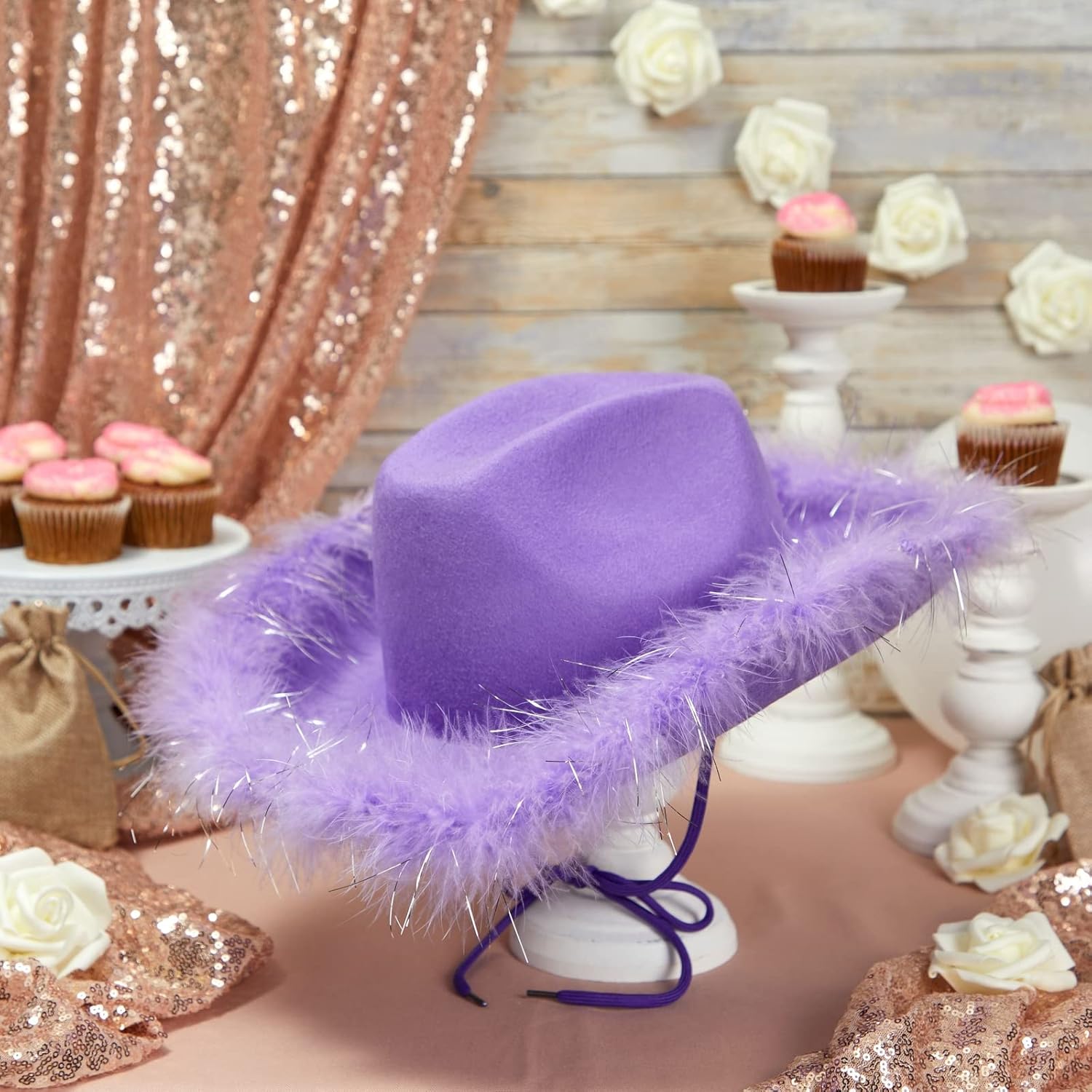 Zodaca Purple Cowboy Hat - Fluffy Sparkly Purple Cowgirl Hat with Feathers - Bachelorette & Birthday Party Headpiece - Festival Cowboy Headwear for Women & Girls - One Size Fits Most, Polyester - Image 3
