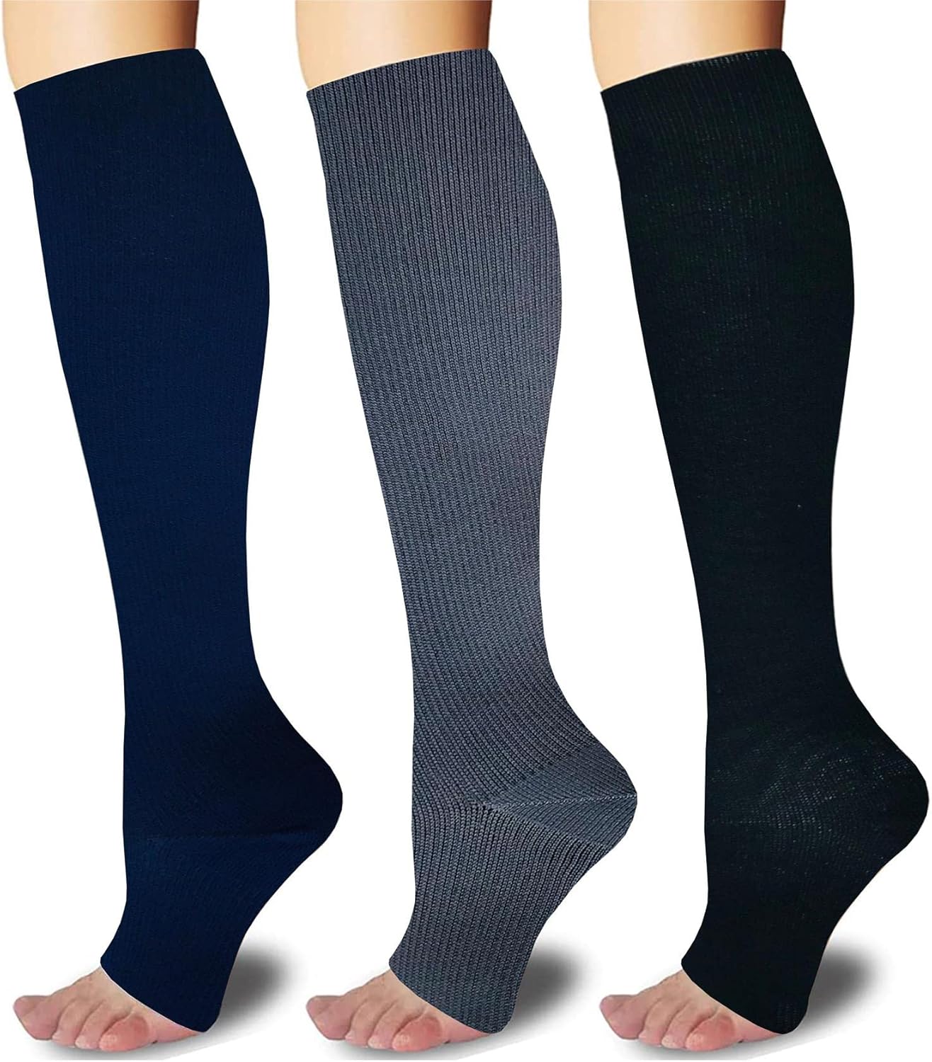 3Pairs Toeless Open Toe 15-20mmH Compression Socks for Men Women Support Knee High Stockings (Gray+Navy+Black, L/XL)