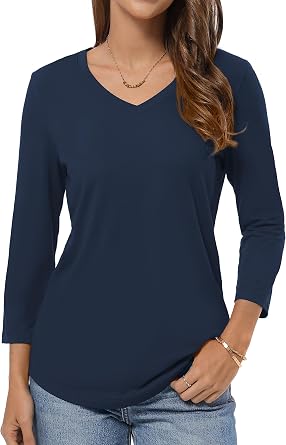 QUALFORT Womens 3/4 Sleeve Tops Lightweight Loose Crew Neck/V Neck T Shirts Casual Basic Tee Spring Summer Outfits 2026