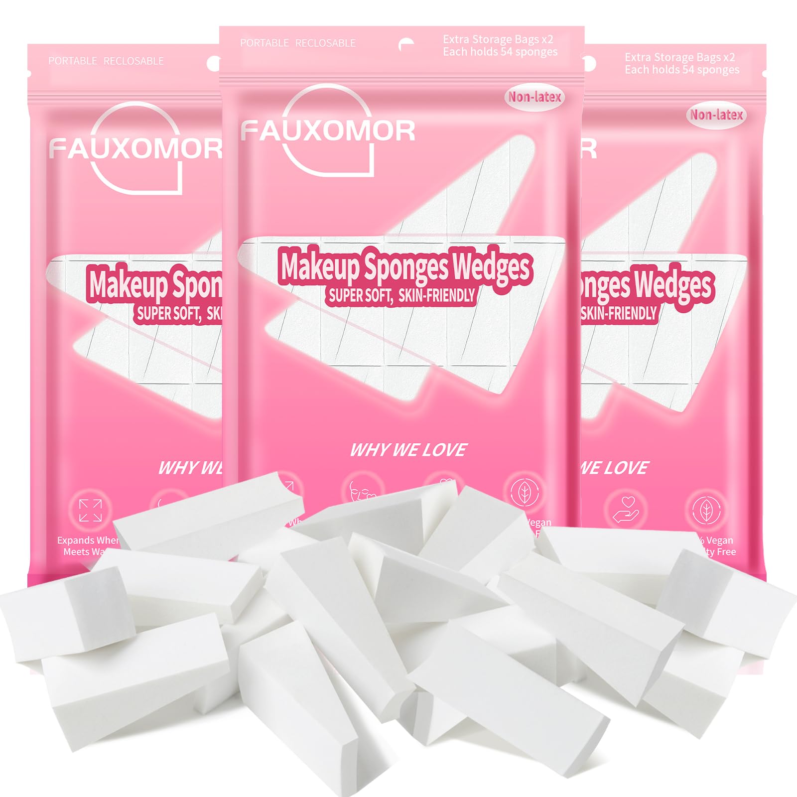 Fauxomor 324 spugne per trucco a cuneo per fondotinta viso, senza lattice, triangolari, per un'applicazione e una miscelazione impeccabili, frullatore di bellezza per tutti i tipi di pelle, con sei