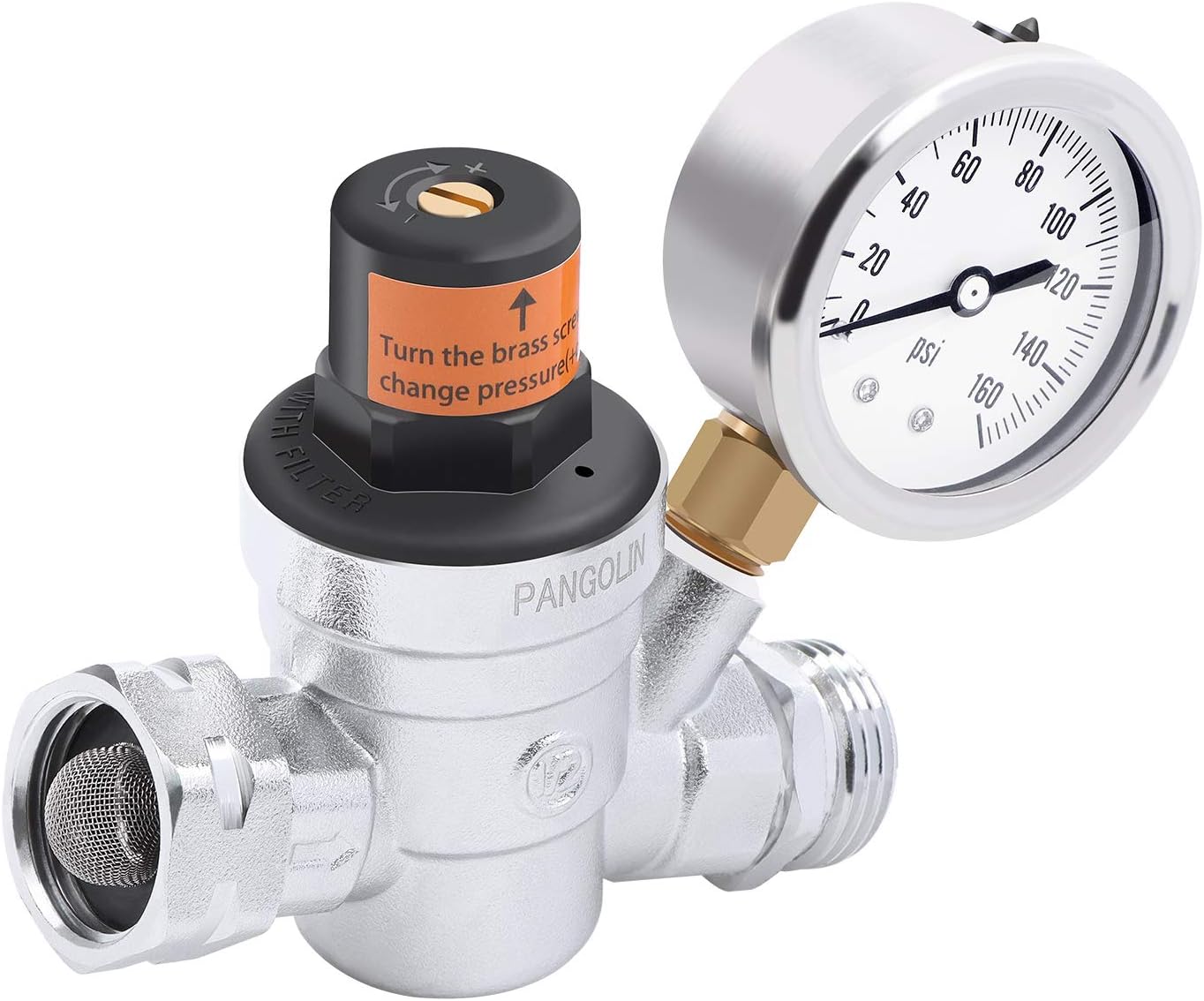 PANGOLIN Water Pressure Regulator Valve with 160 PSI Gauge and Inlet Stainless Screened Filter RV Regulator Valve, 3/4" NH Lead-Free Brass Adjustable Pressure Regulator for RV Camper, 2 Years Warranty