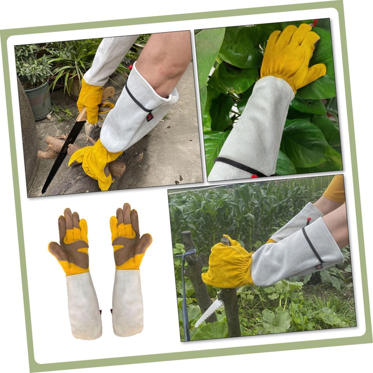 Uonlytech Thorn Proof Leather Gardening Gloves Extended Length Pruning Gloves for Garden Work with Gold and White Cowhide Size L Sturdy Protective Gear for Outdoor Use