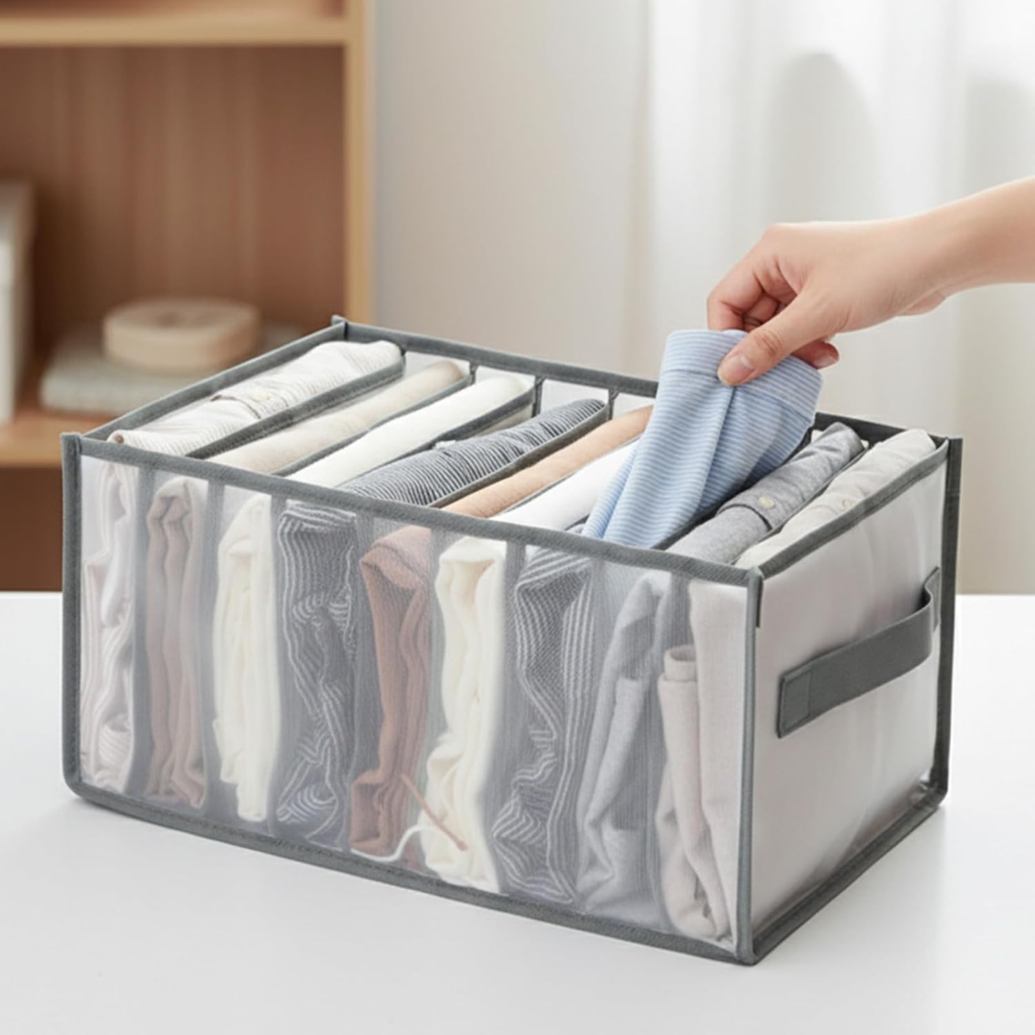 1 Pack Wardrobe Clothes Organizer, Clear Drawer Organizer with 9 Grids Divider for Clothing Jeans, Closet Bedroom Dorm Room, Grey