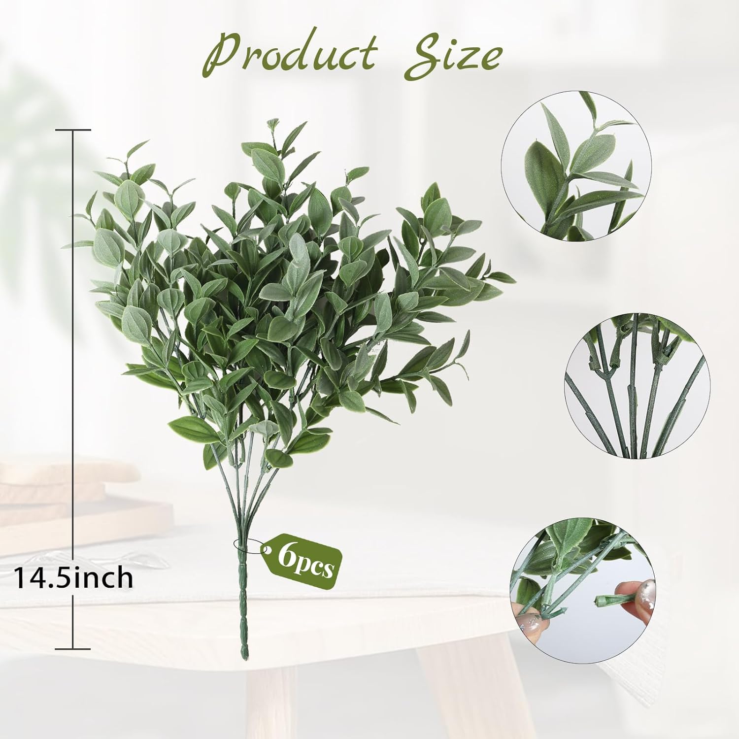 6 Bundles Artificial Greenery Stems, 14.5" Fake Lucky Bamboo Leaves Faux Outdoor Plants UV Resistant Plastic Shrubs for Window Box Garden Patio Farmhouse Pathway Indoor Decorations (Green, 6 Bundles)
