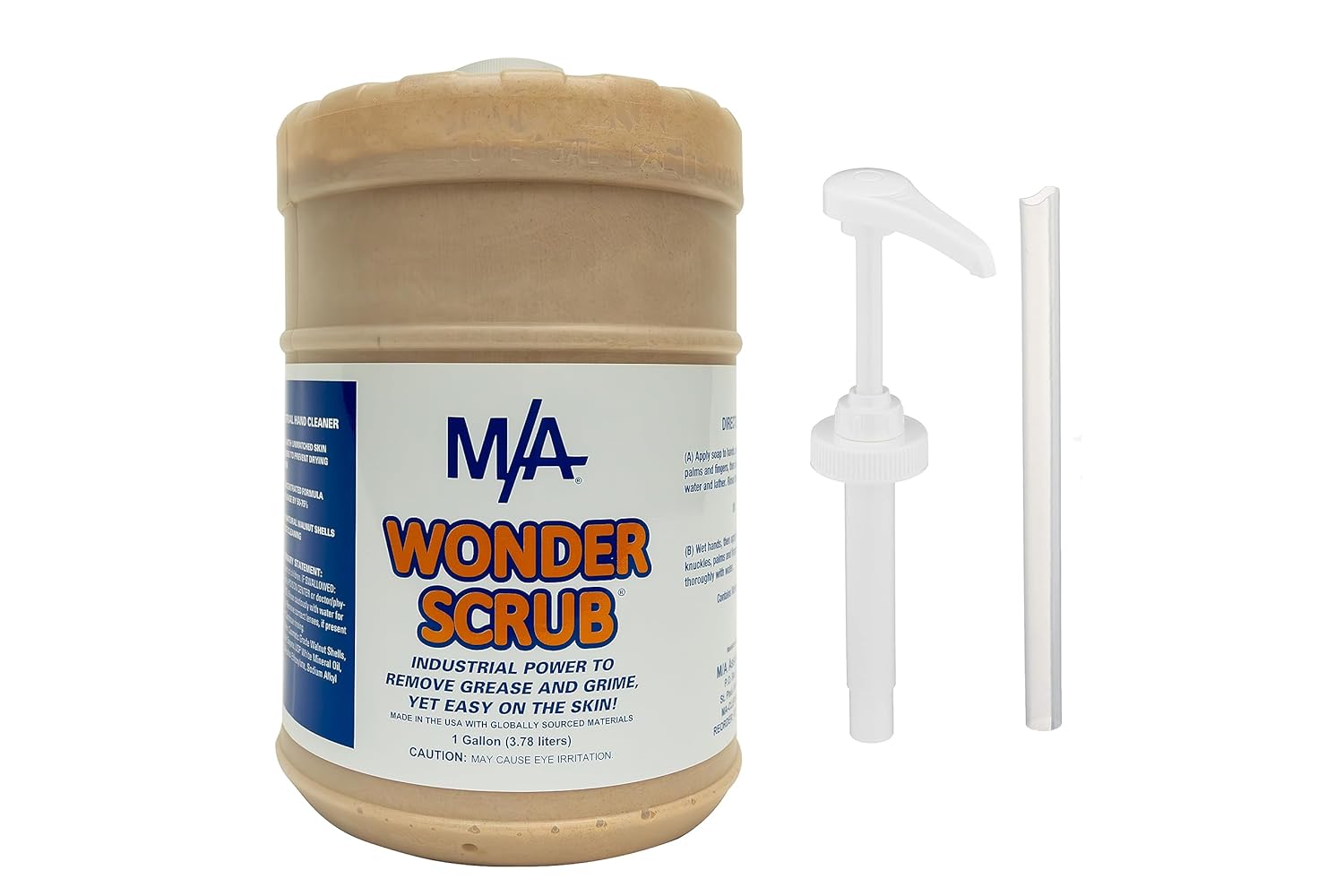 M/A Wonder Scrub - Industrial Strength Mechanic Hand Cleaner - All Natural Walnut Shell Soap - White Bottle Pump (1 Gallon & Pump)