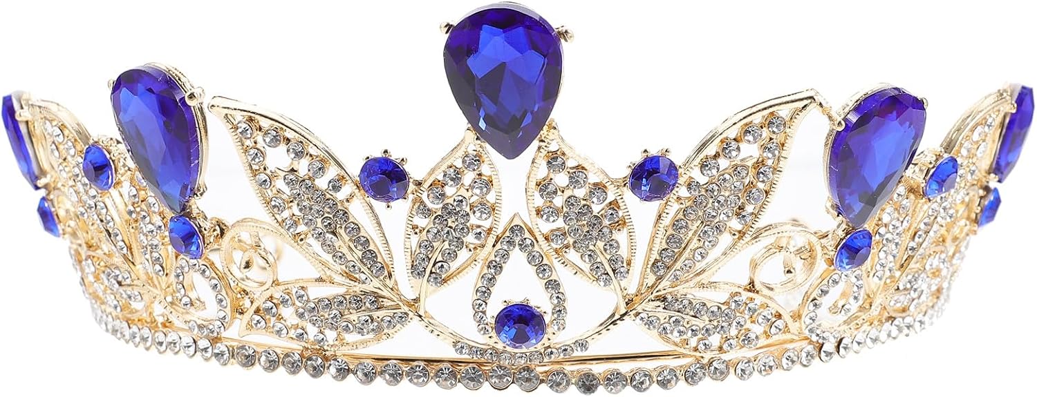 MAGICLULU Baroque Wedding Crown for Women, Gold Alloy Rhinestone Tiara Hair Ornament, Vintage Sapphire Regal Circlet for Bridal Party and Celebration