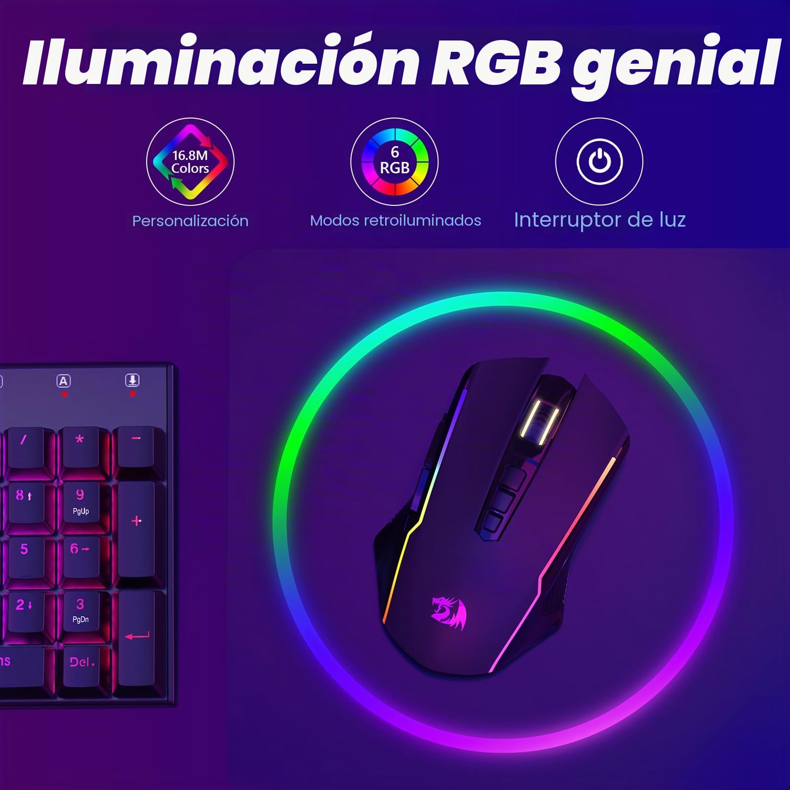 Redragon Ratón Gaming Inalámbrico, Tri-Mode 2.4G/USB-C/Bluetooth Raton Gaming, 10000 dpi y 6 Modos RGB Retroiluminado, 9 Botones Programables, Ratón Inalámbrico Recargable para Laptop/PC/Mac, Negro
