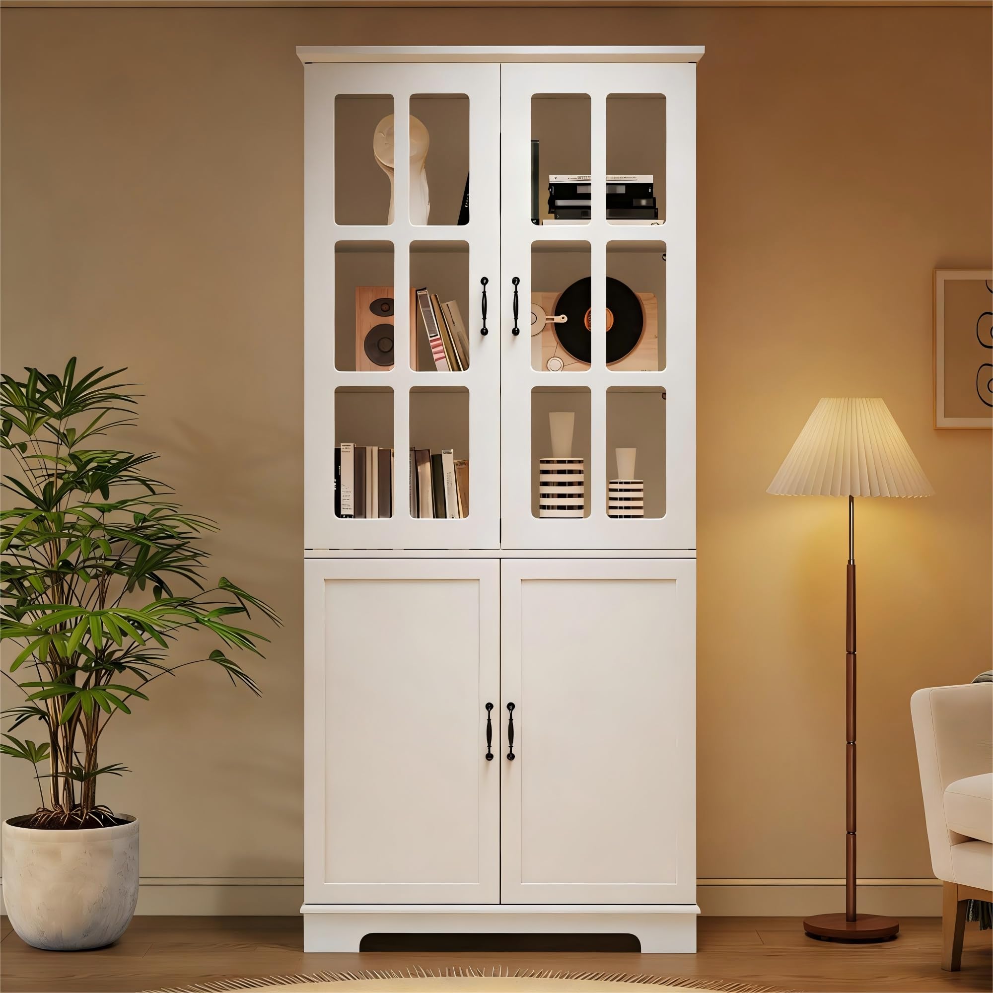 Armario alto con 2 rejas de cristal y 2 puertas completas, 80 x 38 x 180 cm, color blanco, estantería con 5 niveles, tablero de partículas, armario de vitrina estilo rústico para salón y