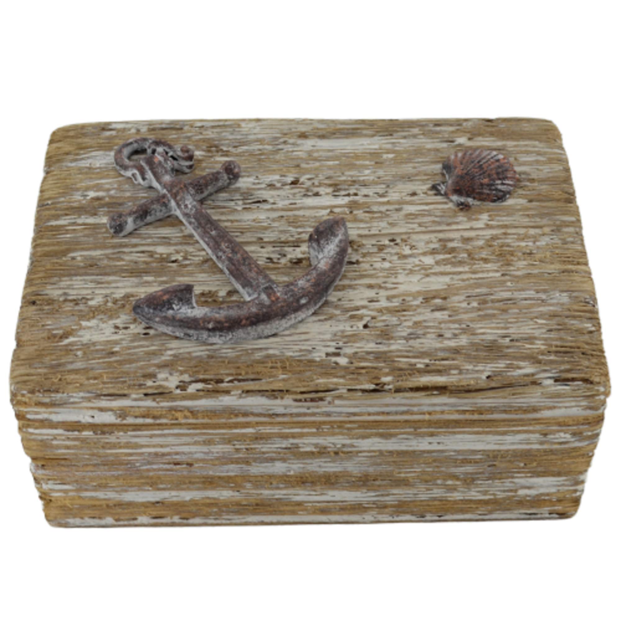 Prezents.com White Nautical Anchor Trinkets Jewellery Box Keepsakes Chest Perfect For Shells Made From Reclaimed Wood Handcrafted Effect Beach Themed Home Décor Natural Washed Wood