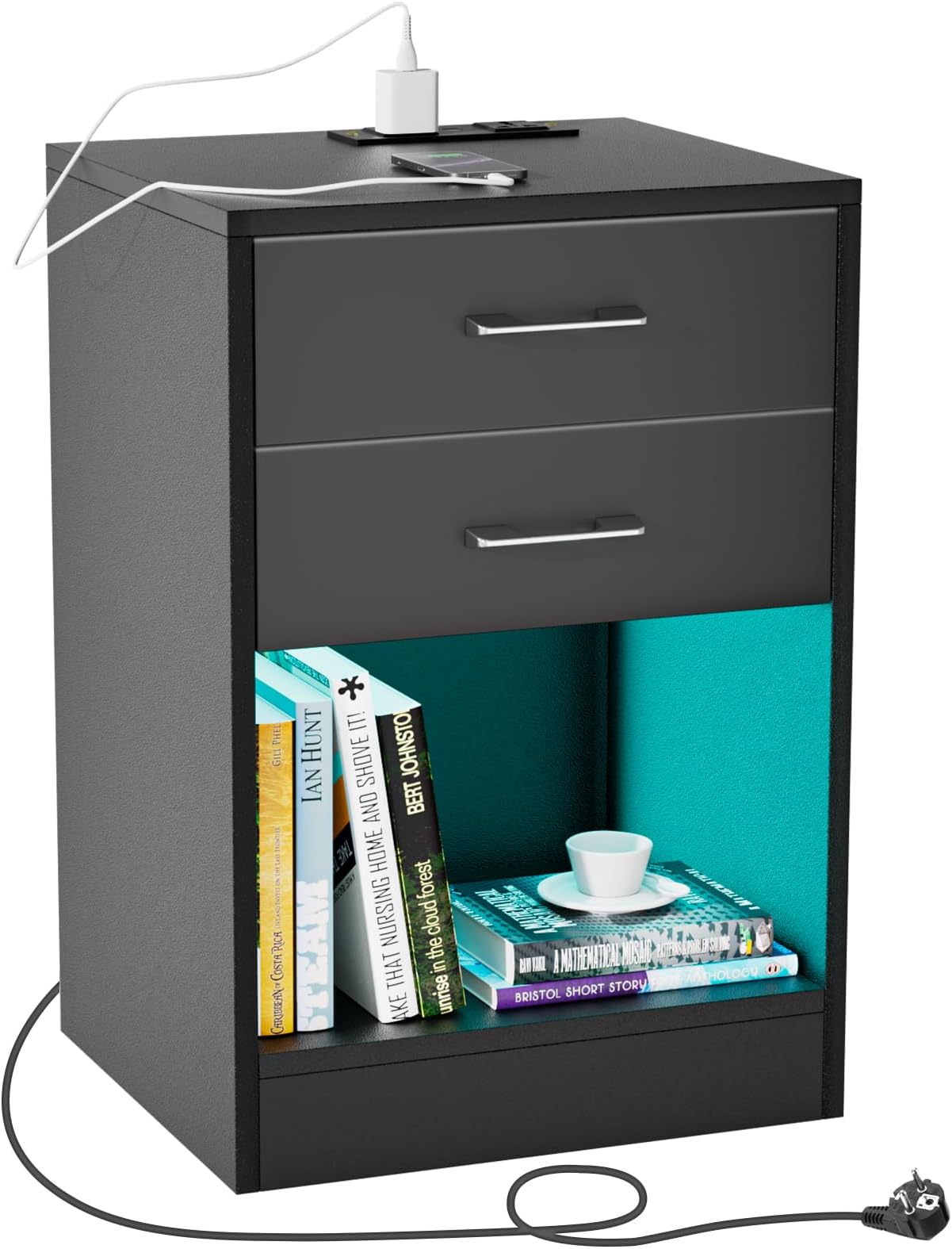Table de Chevet Lot de 2 avec Bande LED Station de Charge 1 Compartiment Ouvert et 2 tiroirs Blanc