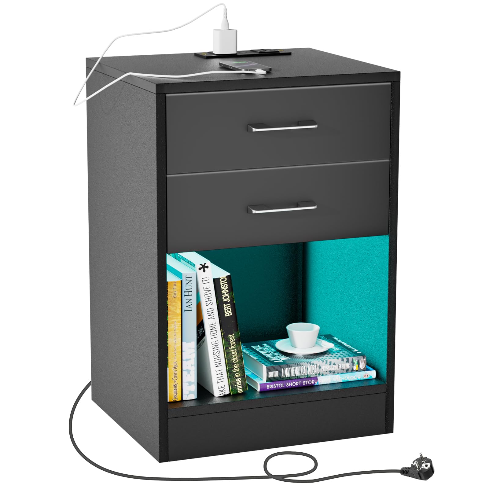 HaodaCulture Mesita de Noche Negras LED, 2 cajones y 16 Colores LED RGB, Mesa de Noche con estación de Carga, 2 Puertos y 2 Tomas USB, para Dormitorio, salón, Negro 40x35x60cm