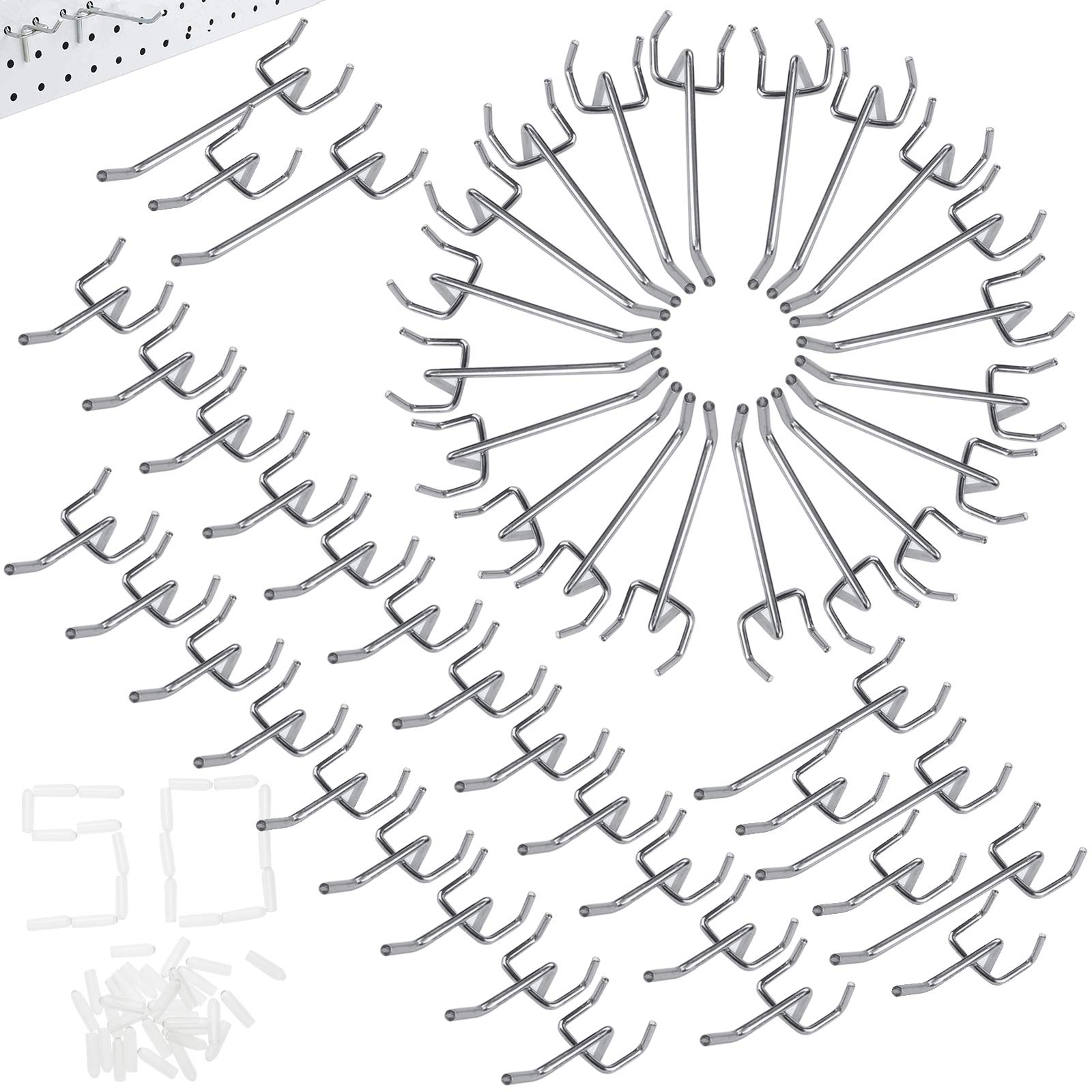 50 Pezzi Ganci per Pannello Forato, 25mm Ganci per Pegboard in Metallo per Scaffali di Supermercati,Negozi di Ferramenta,Spazi attrezzi,lunghezza 10cm/5 cm