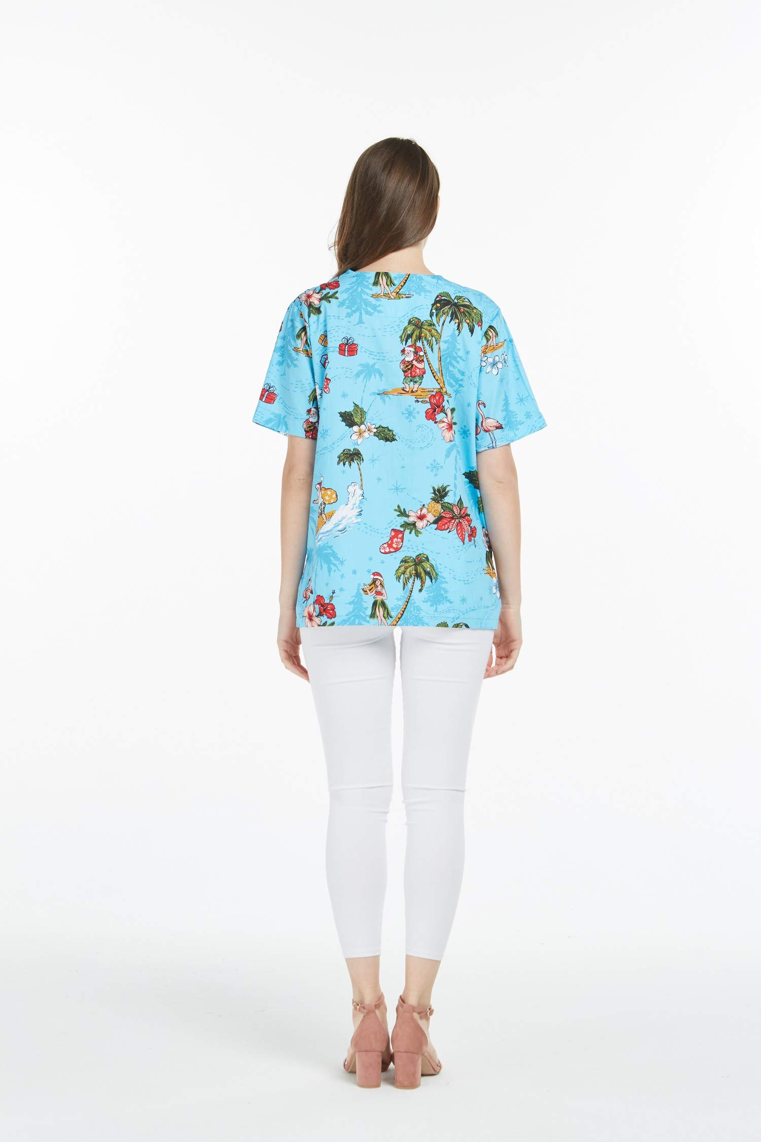 Hawaiian Print Cotton 2 Pockets Scrub Top in Christmas Santa in Hawaii Turquoise M