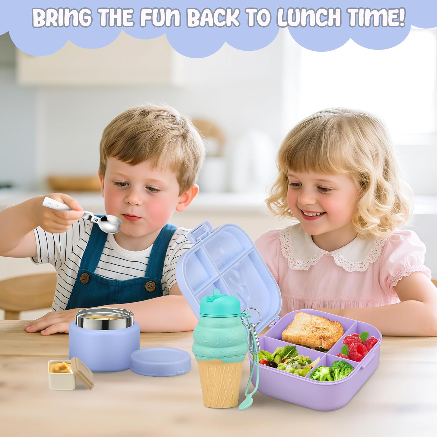 Lunch Box Kids Bento Lunch Box with 13oz Soup Thermo Leak-Proof Lunch Food Container with 5 Compartment Thermo Hot Food Jar and Insulated Lunch Bag for Kid Toddler Girls Boys to School