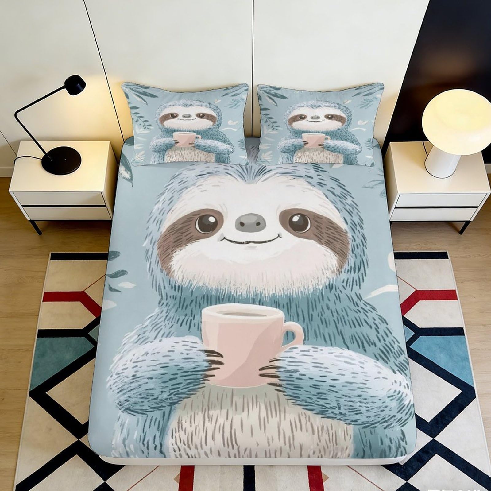 3D Printed Sloth Cartoon Fitted Sheet Microfiber Anti-Slip Animal Bed Cover for Bedroom Guest Room Easy Care 90x200x25cm