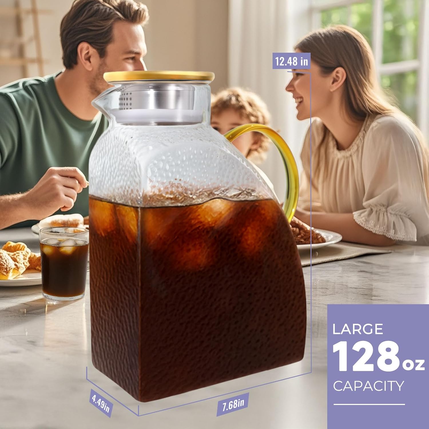 Glass Pitcher With Lid,1 Gallon Glass Water Pitcher For Fridge, 128OZ glass pitchers With Handle And Lid, Hot And Cold pitchers, Large Carafe Jug For Iced Tea Juice Coffee Milk - Image 6