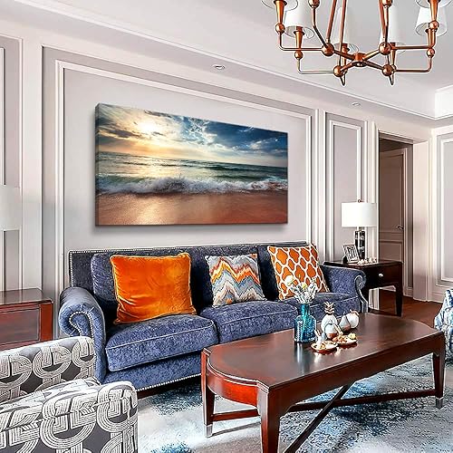 Miniatura 2 de Lienzo de playa para pared de sala de estar, dormitorio, decoración del hogar, amanecer azul océano, mar, playa, cuadros artísticos, decoración