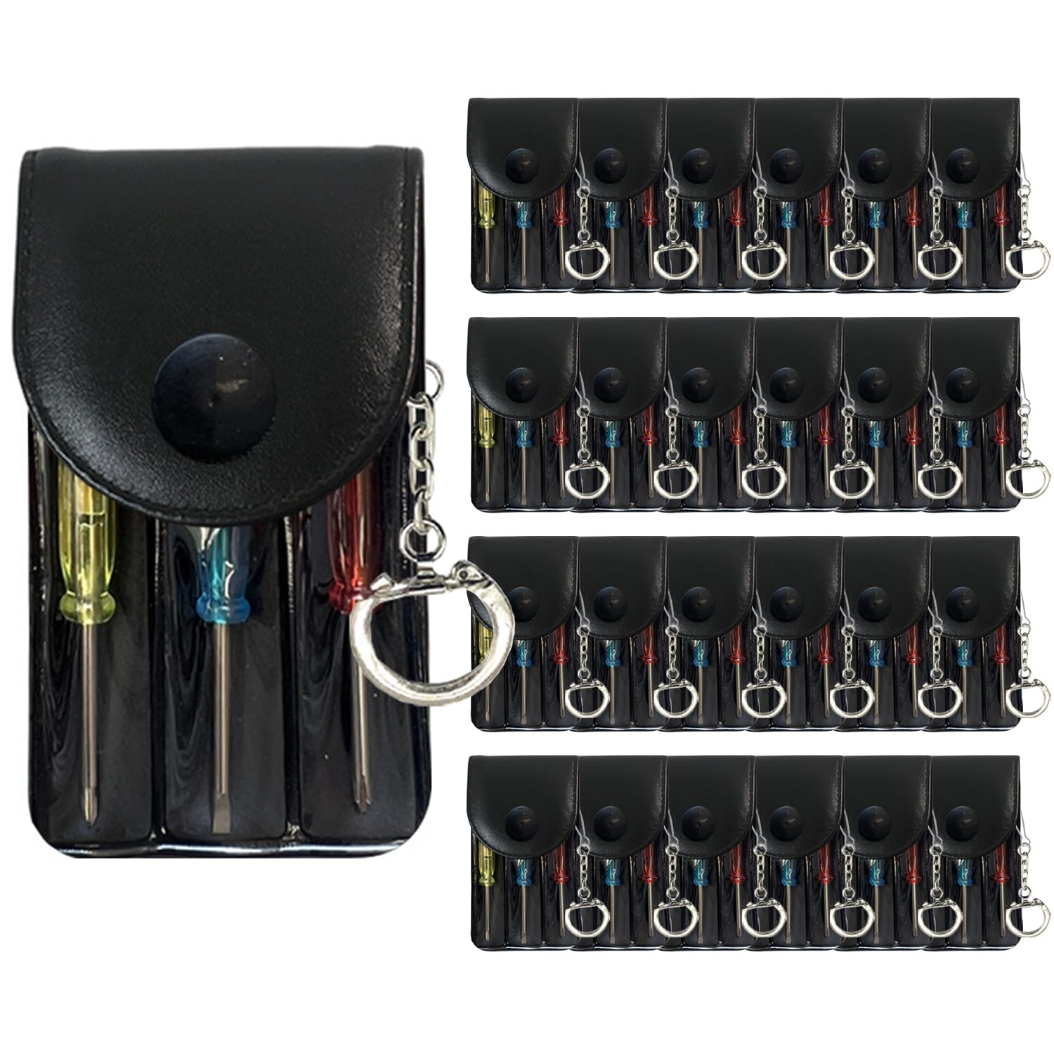Bulk Pack Mini Screwdriver Keychain Set – 24 Sets of Handy 3-Piece Screwdrivers in a Snap-Closure Pouch with Hook, Perfect for Men, Tool Party Favors,