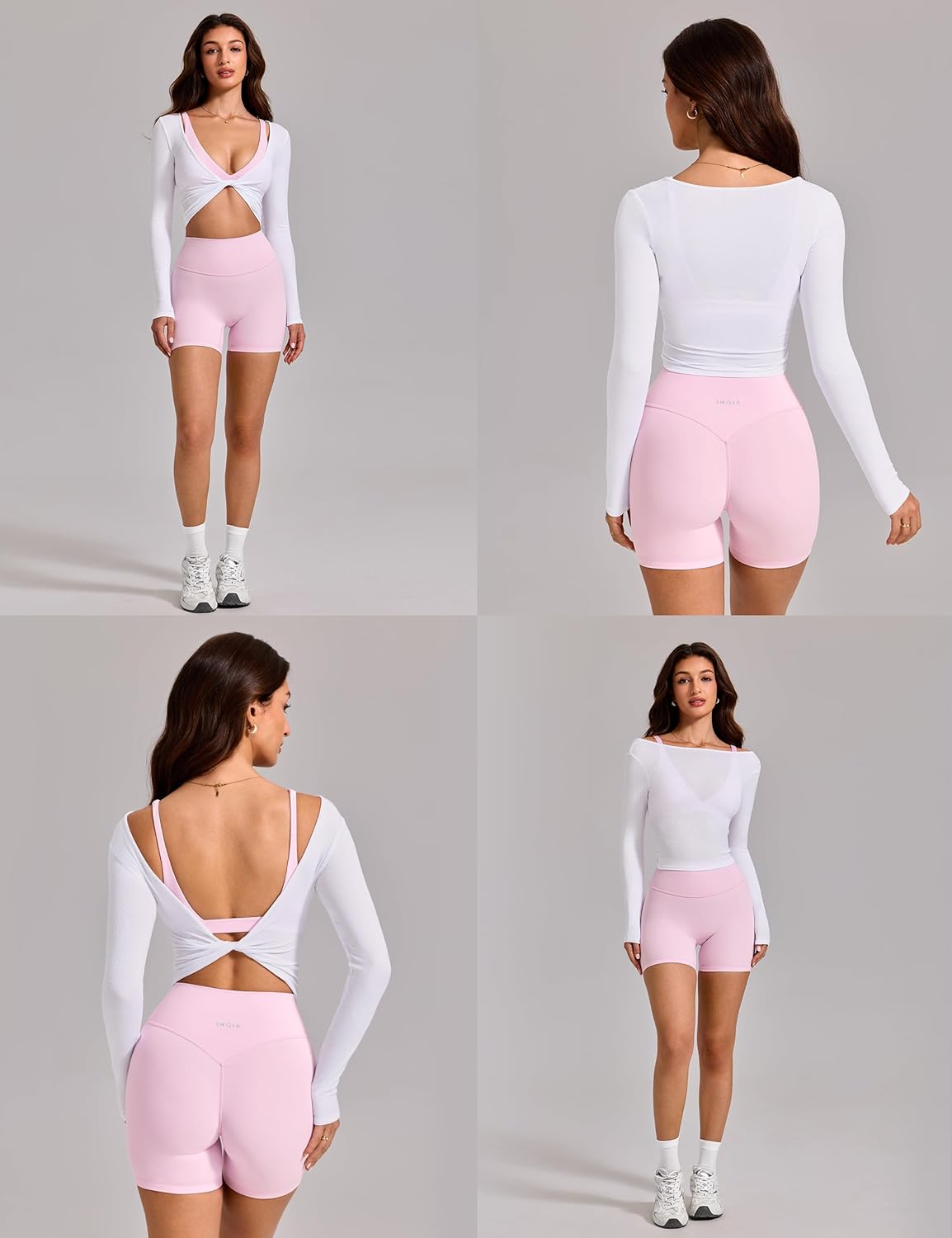 Womens Long Sleeve Knot Top Twist Front Cropped Activewear Ribbed Shirt Ballet Pilates Yoga Gym Top White Small