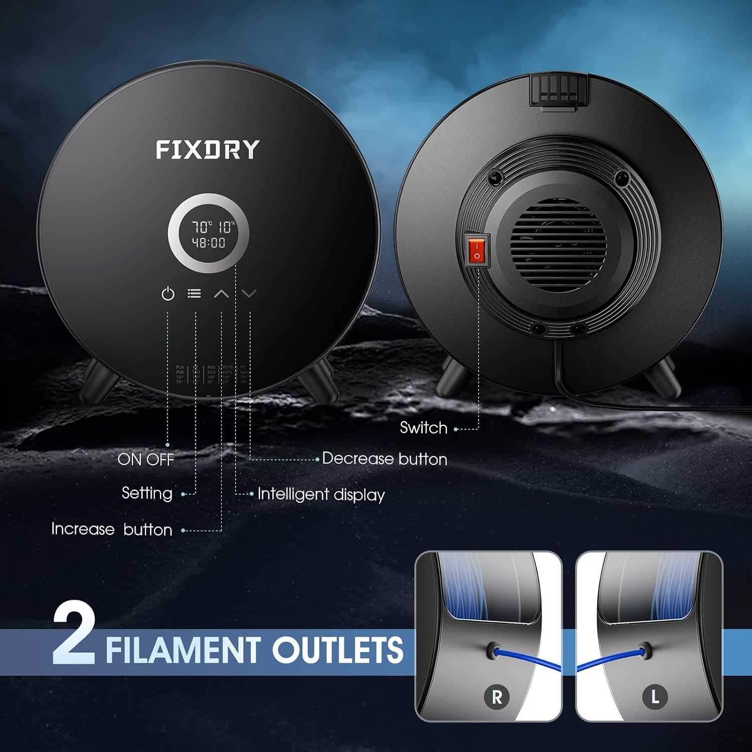 FIXDRY NT2 3D Printer Filament Dryer with Fan, PTC Constant Heating, Touch Screen Temperature Humidity Detection, Upgraded Dehydrator Storage Dry Box for PETG ABS Nylon PLA Filament 1.75 2.85 3.00mm