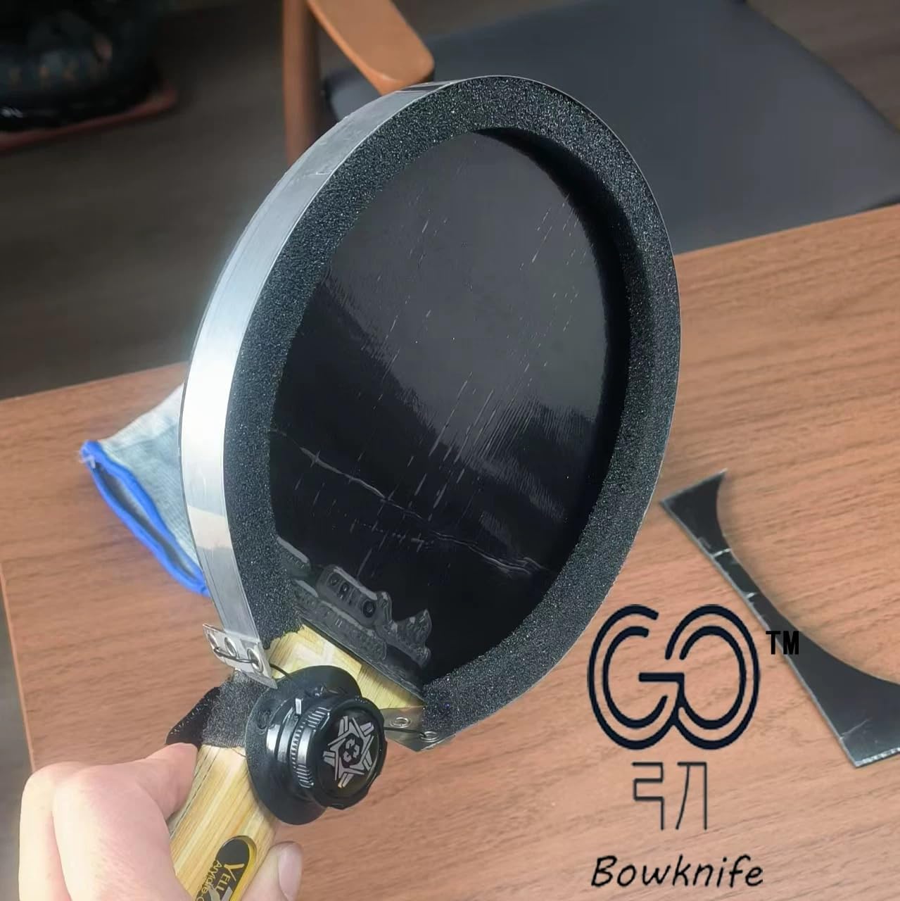 Bowknife Table Tennis Rubber Cutting Tool with Cut-Resistant Gloves, Wooden Rod and Black Sheet