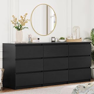 Angel Sar 62'' Black Dresser for Bedroom, Modern 9 Drawer Wood Dresser with Handle-Free Design & Thick Panel, Minimalist Storage Cabinet for Clothes, Entryway Use