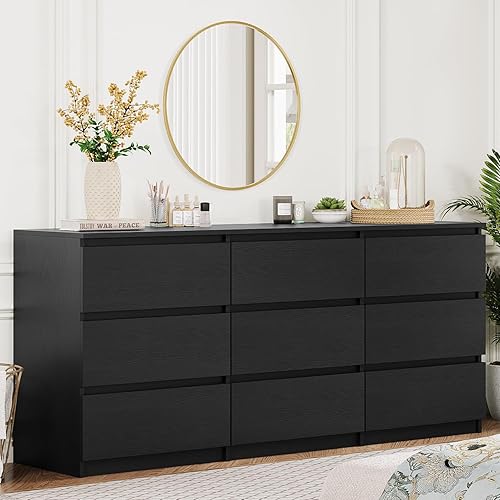 Angel Sar 62'' Black Dresser for Bedroom, Modern 9 Drawer