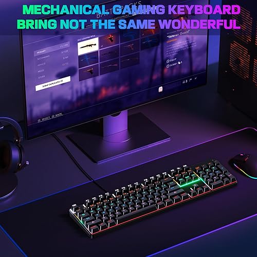 Miniatura 7 de Teclado mecánico para juegos, 104 teclas retroiluminadas LED, sensación mecánica, anti-fantasma, teclado de tamaño completo con interruptor azul