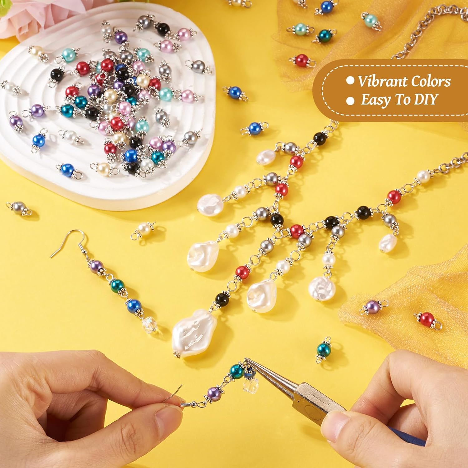 Pandahall 100Pcs Pearl Bead Connectors Pearlized Glass Bead Dangle Charms 10 Colors Faux Pearl Double Loop Links Connectors for Necklace Bracelet Jewelry Making - Image 2