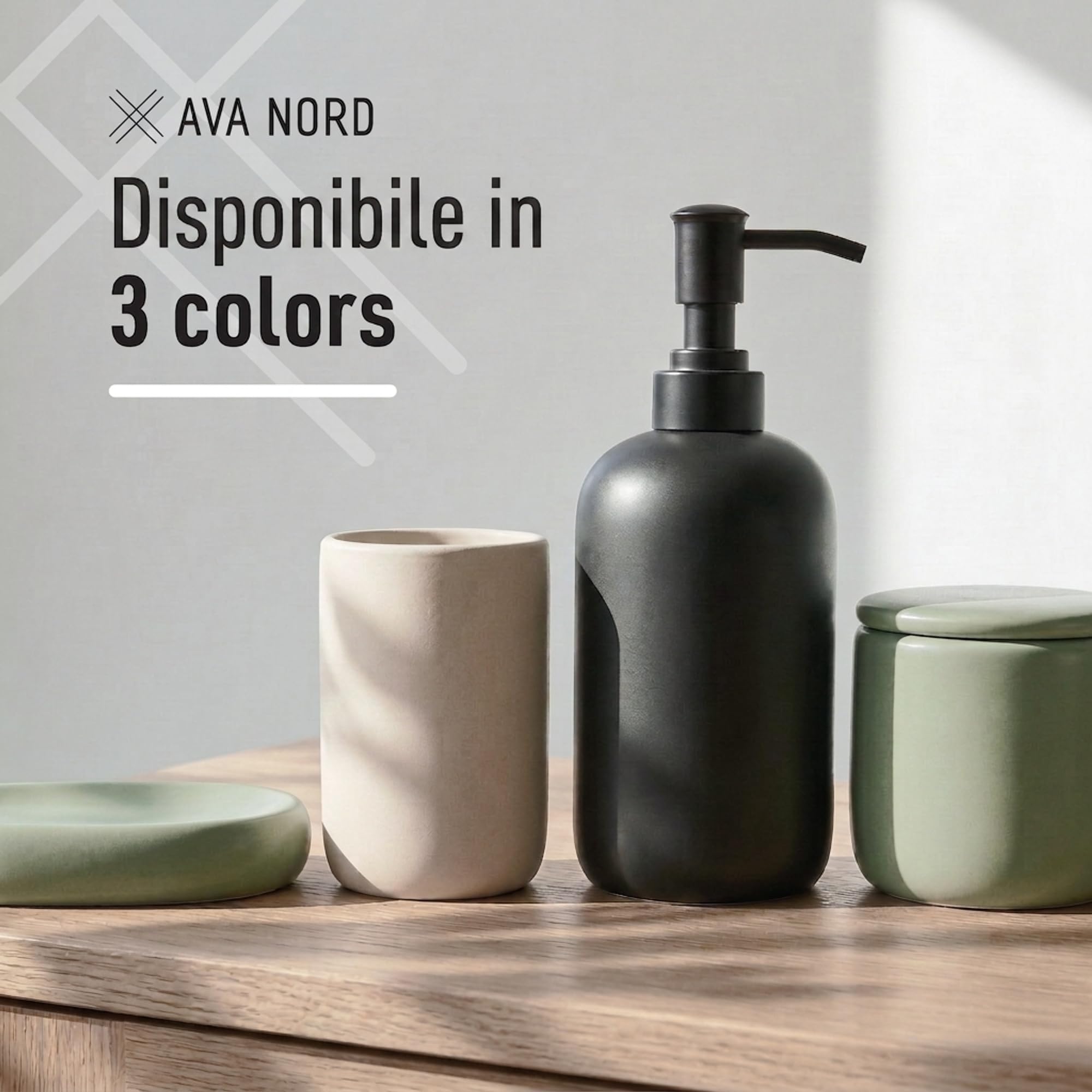 Ava Nord Set di Accessori per il Bagno in Ceramica | 4 Pezzi | Verde | Dispenser di sapone + Portaspazzolino + Porta-sapone + Bicchiere, design scandinavo elegante, resistente ai graffi, durevole