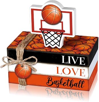 Briwooody 5 Pcs Basketball Decoration Farmhouse Wooden Mini Book Stack Sport Ball Party Table Centerpieces Senior Night Basketball Decor for Locker Room Home Bedroom Office Desk Tiered Tray Shelf
