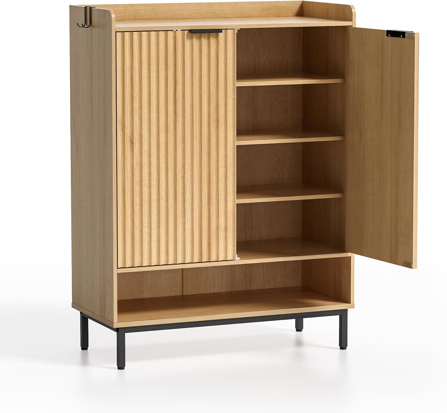 Interior view of the MoomJiee Fluted Shoe Storage Cabinet with one door open, revealing multiple adjustable shelves filled with various types of shoes.