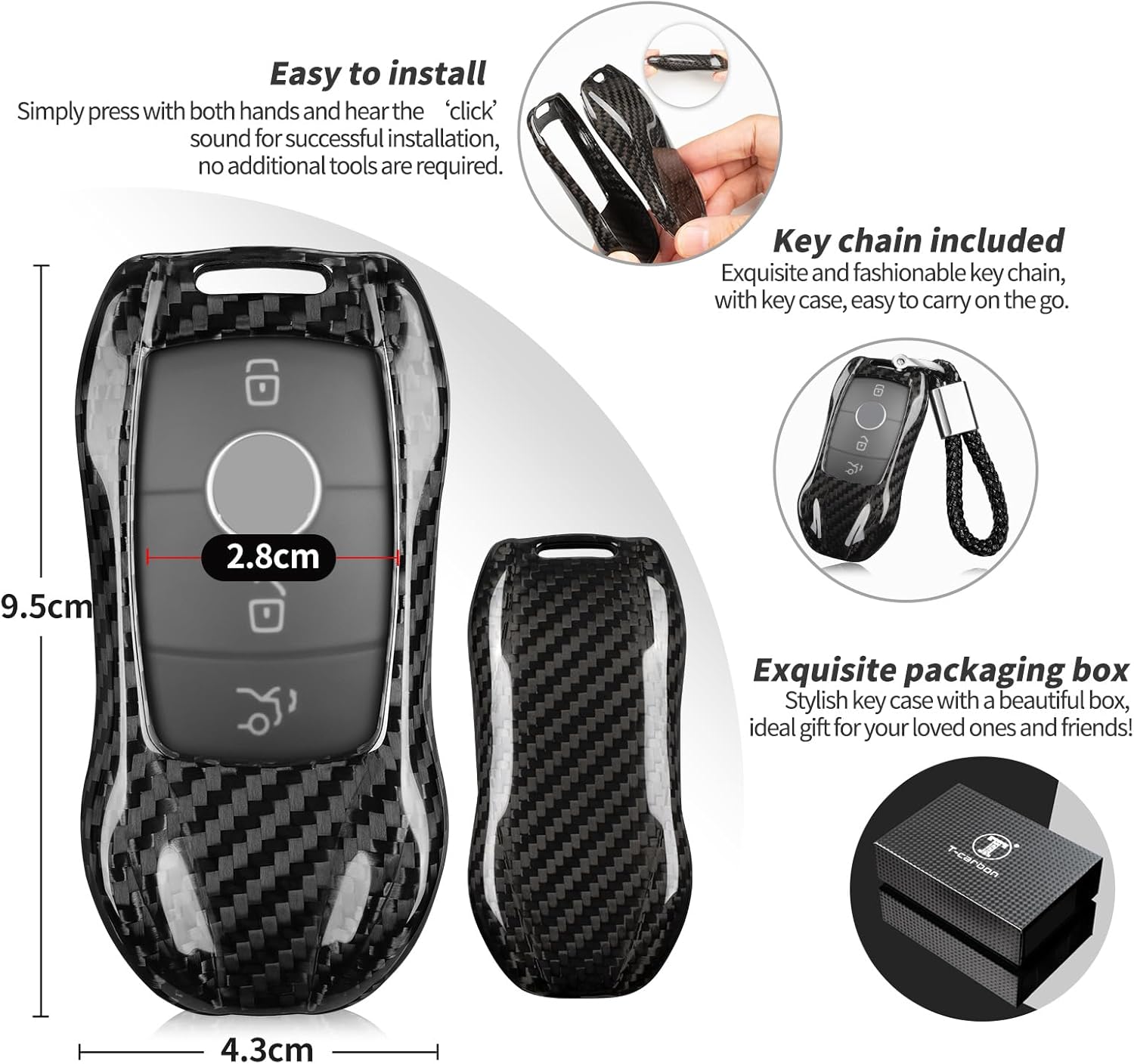 Carbon Fiber Car Key Fob Cover Compatible with Mercedes Benz car Key case Shell Compatible with E Class C300 CLA GLB CLS580 GLE Class C43 GLC300 2016-2023 2024 Series,Black - Image 7