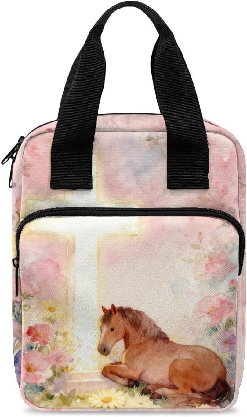 Gentle Pastoral Cross Horse Bible Case for Girls Bible Tote Bag Large Zippered Bible Covers with Handle Pockets Lightweight Print Church Book Bag Pink