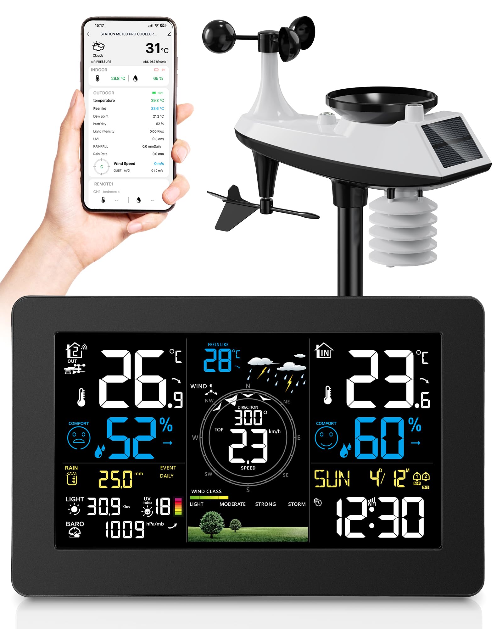 Stazione Meteo con Sensore Esterno Interno, WiFi Stazione Meteorologica con Sensore Esterno 11 in 1 per Vento, Umidità, Temperatura, Previsioni del Tempo, Livello UV e Intensità Luminosa, Nero