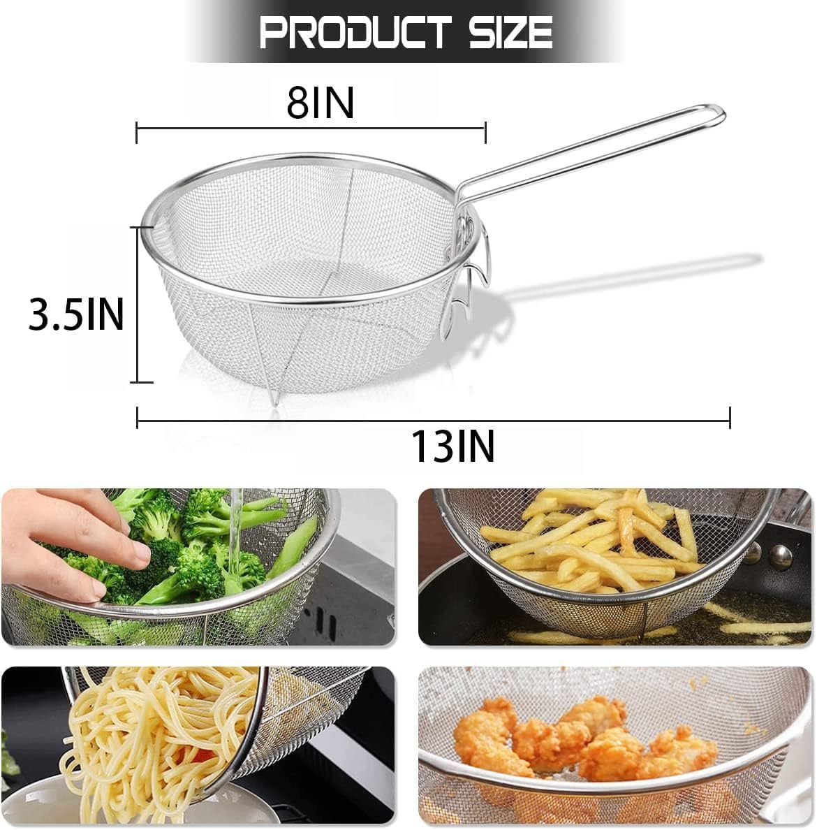 Stainless Steel Deep Fry Basket, 8inch Round Wire Fryer Basket for Frying Serving Food, French Chip Frying Basket with Folding Handle for Kitchen Frying (8Inch/Round)