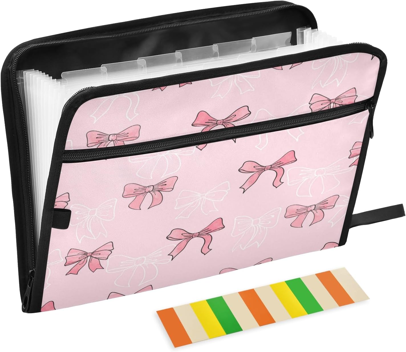 OTVEE Pink Bows Expanding File Folder with 13 Pockets and Color Tabs, Accordian File Organizer Document Folder with Zipper Expandable File Folder for Letter A4 Size