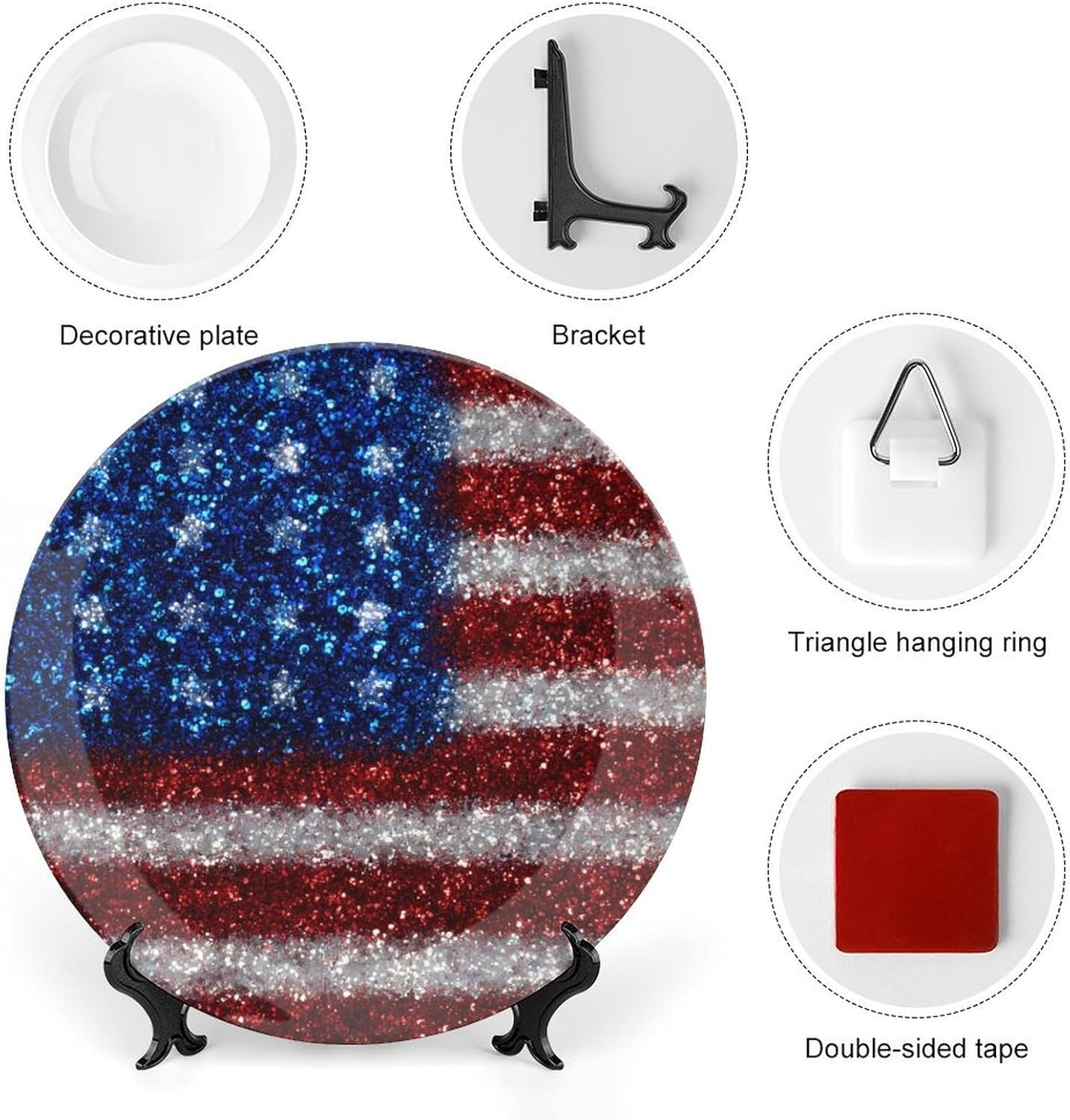 Sparkles Glitter U.S. Flag Novelty Decorative Plate with Display Stand Ceramic Ornament Hanging Wall Decor