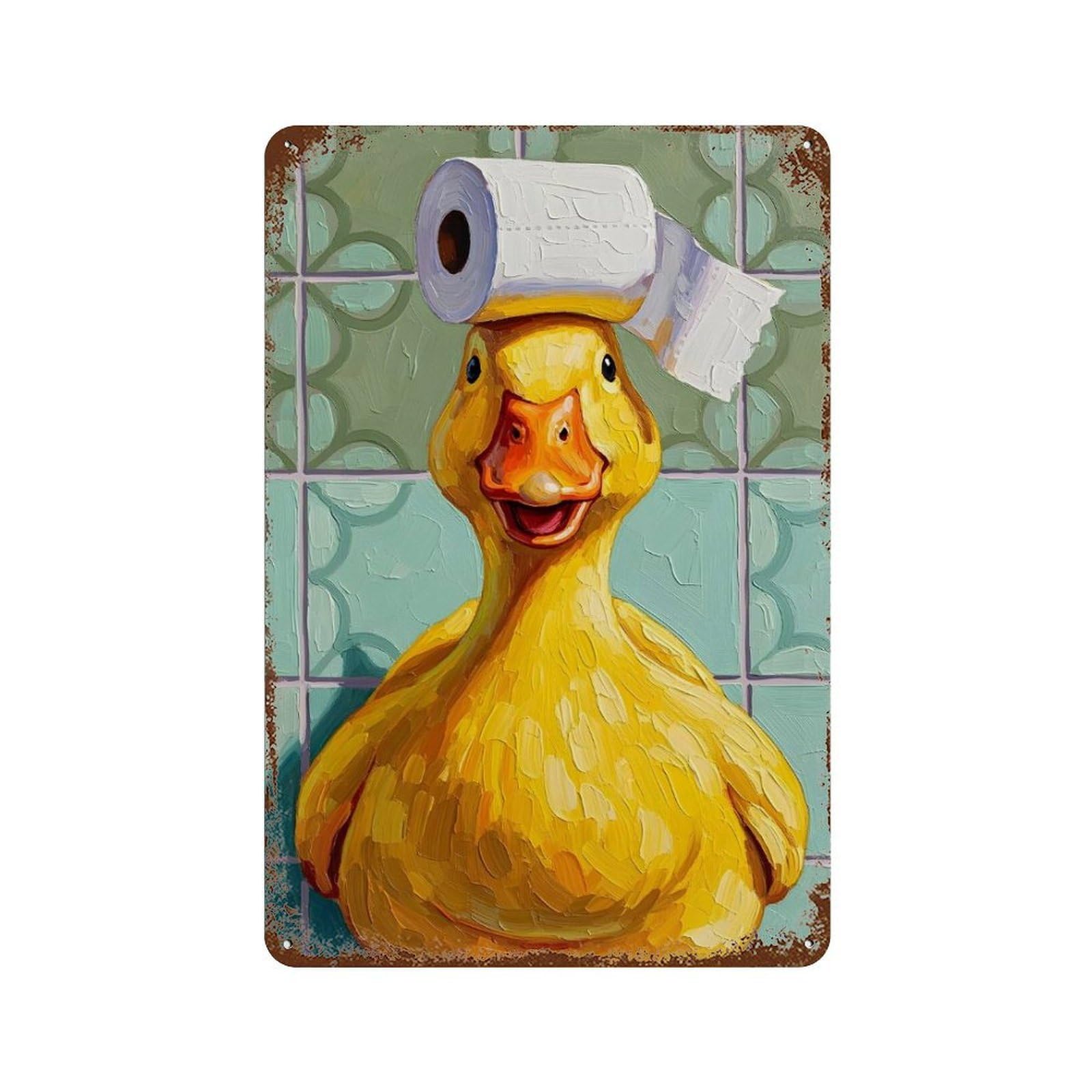Weathered Tin Sign Duck with Toilet Paper on Head 11.8"x7.9", Novelty Wall Decor for Basement, Hobby Room And Garage Decor