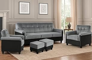 FURNY Woodswave 5 Seater 3+1+1+2 Puffy Sofa Set for Living Room in Premium Velvet Finish (Light Grey-Black) | Durable &...